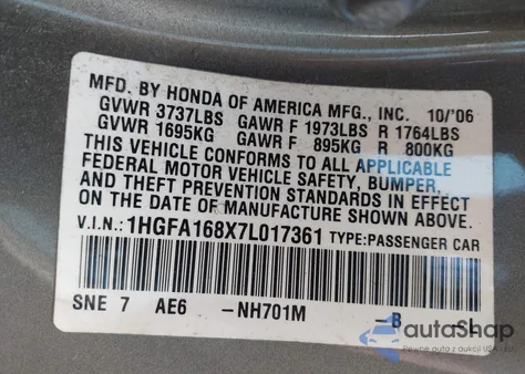 2007 Honda Civic Ex из США, поврежденный, VIN 1HGFA168X7L017361
